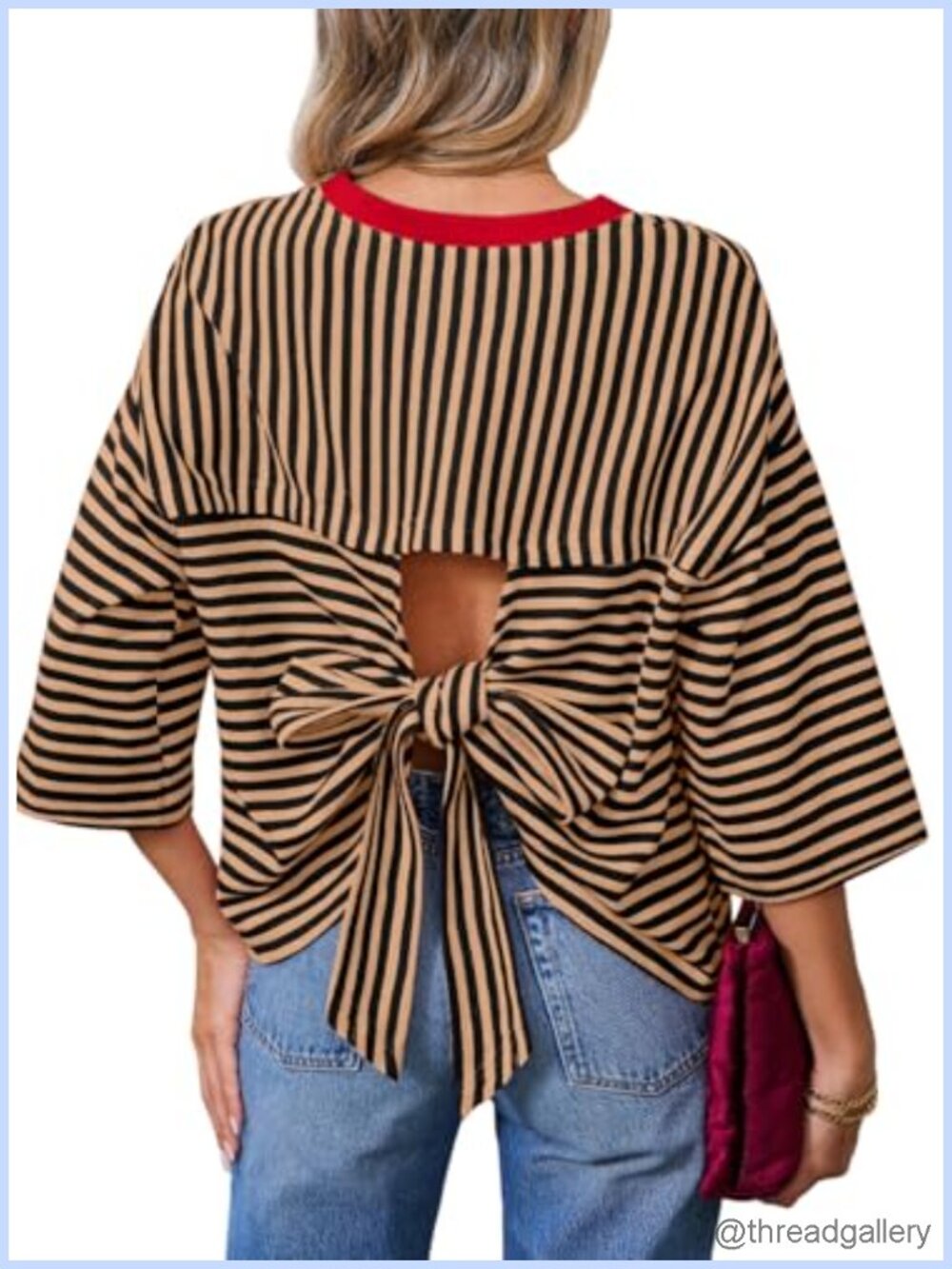 Dokotoo Womens Striped Tie Back Short Sleeve T Shirt Crewneck Loose Casual Tee